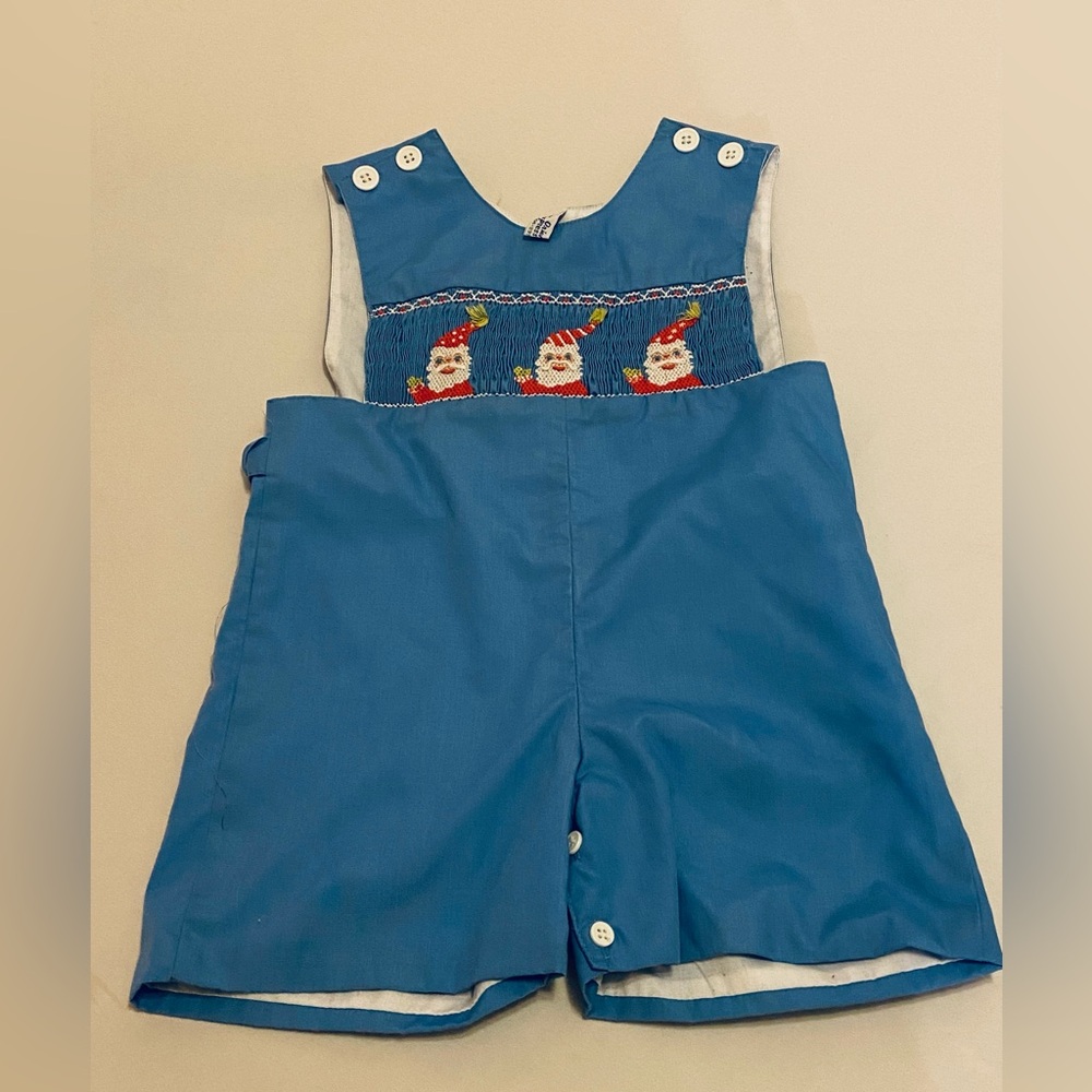 Vintage Orient Expressed Smocked Short-all with Santa Design, size 2